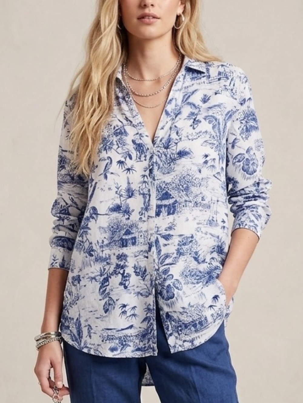 Joie Linen Collared Button-Down Long-Sleeve Shirt White Blue Toile EUC Small